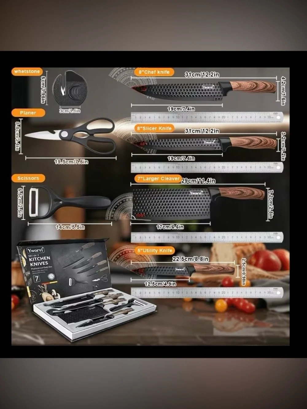 NIB Set of 7 Kitchen Knives w/Sharpener, Peeler & Scissors